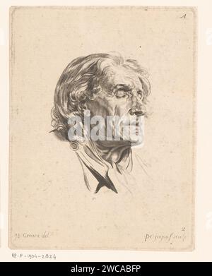 Kopf eines alten Mannes mit geschlossenen Augen, nach rechts gedreht, Pierre Charles Ingouf, nach Jean-Baptiste Greuze, ca. 1766 Druck Frankreich Papier Radierung / Gravur alter Mann Stockfoto