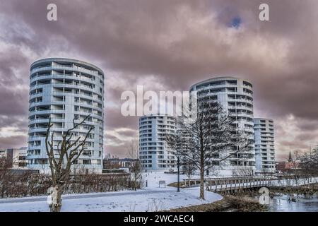 Fünf Schwestern rund um Wohnwohnungen in Vejle, Dänemark Stockfoto