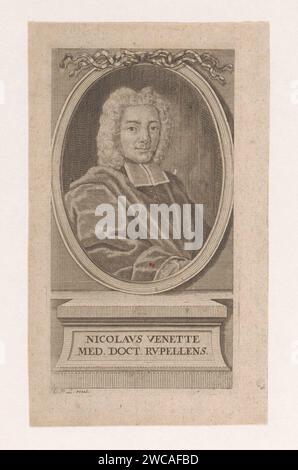 Portret Van Nicolas Venette, Christian Philipp Lindemann, 1710 - 1754 Druck Text in lateinischer Sprache auf dem Sockel. Papierstich historischer Personen. Arzt, Arzt (+ Porträt des Gelehrten, Wissenschaftlers) Stockfoto