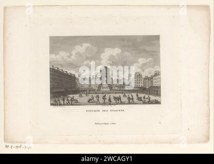 Ansicht der Fontaine des Innocent in Paris, Francois Louis Couché, 1818 Druck Paris Papier, das die Stadtansicht im Allgemeinen graviert; „Veduta“. Dekorativer Brunnen in Paris. Unschuldiger Brunnen Stockfoto