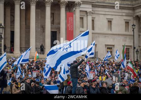 Pro-Israel-Kundgebung auf dem Trafalgar Square, bei der die Freilassung von Geiseln gefordert wird und 100 Tage nach dem Terroranschlag der Hamas gefeiert wird, London, UK 14/01/2024 Stockfoto