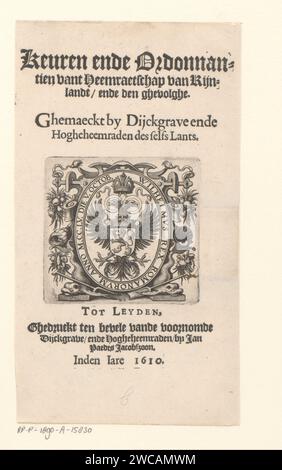 Wappen von Graf Willem II. Van Holland, Willem Isaacsz. Van Swanenburg, 1610 gedruckt Wappen von Willem II., römischer König und Graf von Holland, umgeben von einer Kartusche mit Muscheln, Früchten und Delfinen. Am Rande des Namens Willem II. Und dem Datum 5. Oktober 1255. An diesem Tag verlieh Willem II. Dem Rijnland Water Board Privilegien. Leiden Papierstich / Briefdruckwappen (Symbol der Souveränität) Stockfoto