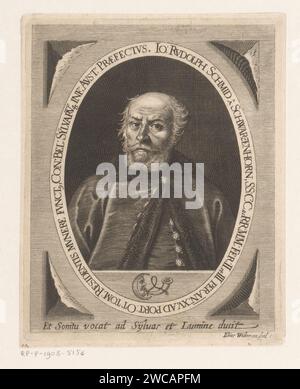 Porträt van Johann Rudolf Schmid von Schwarzenhorn, Elias Widemann, 1634 - 1651 Print Wien (evtl.) Papierstich historischer Personen. Abnehmender Mond, d. h. in diese Richtung ( Stockfoto