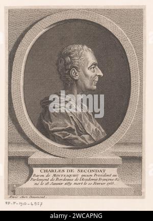 Portret van Charles de Montesquieu, Etienne DESROCHERS (ausgezeichnet an), 1678 - 1741 Druck Paris Papierstich historische Personen. Gelehrter, Philosoph Stockfoto