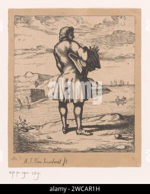 Mann mit Hut unter dem Arm überblickt das Wasser, Jules van Imschoot, 1831 - 1884 Druckpapier. Ätzen im oder neben dem Wasser (am Strand). Segelschiff, Segelboot Stockfoto
