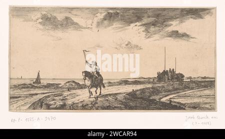 Postbode fährt am Strand entlang, Joost van Geel, Jan de Visscher (abgelehnte Attribution), in oder nach 1666 drucken fährt der Postbode auf seinem Pferd am Strand entlang. Er gibt ein Signal an ein vorbeifahrendes Schiff. Nummeriert in der Mitte: 9. Rotterdamer Postdienst für Papierätzung. Postbote. Strand Stockfoto