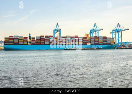 Großes Containerschiff, das in einem Handelshafen verladen wird Stockfoto