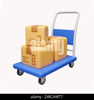 3D-Kartonboxen auf Wagen. Shopping Sendungskonzept. Lieferung. Symbol isoliert auf weißem Hintergrund. 3D-Darstellung. Beschneidungspfad. Stockfoto