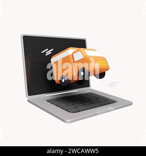 3D Shipping Service Online isometrisches Konzept mit Laptop und LKW. Logistic Digital Shopping Advert. Symbol isoliert auf weißem Hintergrund. 3D-Rendering Stockfoto