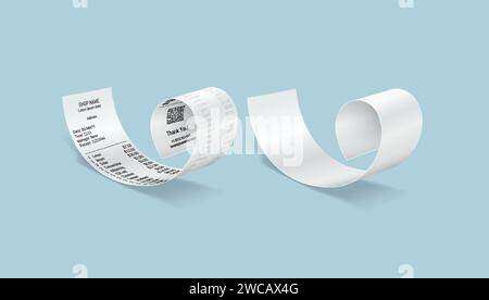 Rollenpapier überprüft realistische Vektorillustrationen. Leere und ausgefüllte Supermarktrechnungen. Käuferliste für 3D-Elemente auf hellblau Stock Vektor