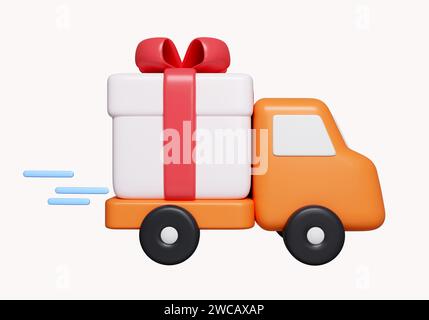 3D-Geschenk auf dem Lkw. Schnelles Lieferkonzept. Lieferung erfolgreich. Schneller Lieferservice. Symbol isoliert auf weißem Hintergrund. 3D-Darstellung Stockfoto
