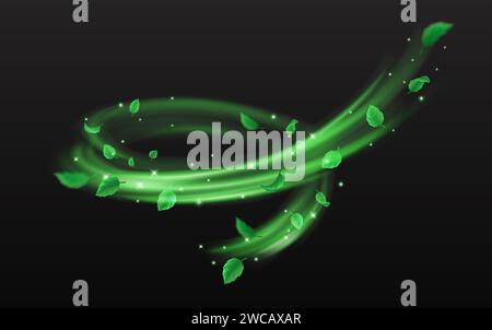 Grüne Blätter und funkelt wirbelnder Fluss des magischen Staubs realistische Vektorillustration. Mystische Naturkraft 3D-Element auf schwarzem Hintergrund Stock Vektor