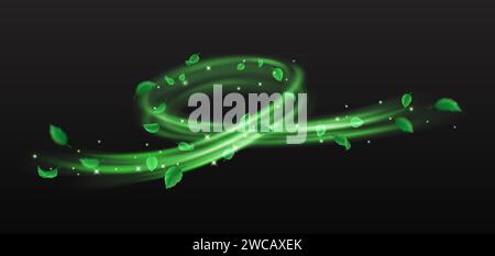 Grüne Blätter und funkelt wirbelnder Fluss des magischen Staubs realistische Vektorillustration. Mystische Naturkraft 3D-Element auf schwarzem Hintergrund Stock Vektor