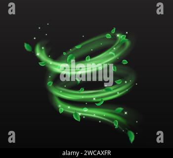 Grüne Blätter und funkelt wirbelnder Fluss des magischen Staubs realistische Vektorillustration. Mystische Naturkraft 3D-Element auf schwarzem Hintergrund Stock Vektor