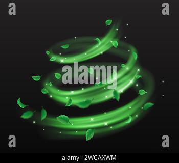 Grüne Blätter und funkelt wirbelnder Fluss des magischen Staubs realistische Vektorillustration. Mystische Naturkraft 3D-Element auf schwarzem Hintergrund Stock Vektor