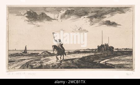 Postbote fährt am Strand entlang, Joost van Geel, in oder nach 1666 Druck fährt der Postbote sein Pferd am Strand entlang. Er signalisiert ein vorbeifahrendes Schiff. Rotterdam Papier Ätzen / Gravieren Meer. Schiffe (im Allgemeinen) - CC - mehr als ein Schiff. Postdienst. Postbote. Strand Stockfoto