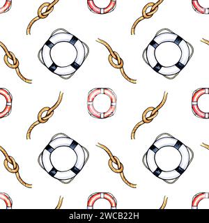 Nahtloses Aquarellmuster mit Lebensader und strukturiertem Knoten, handgezeichnete Skizze des Meeresthemas, rot und blau gestreifte Rettungsleine, isoliert auf weiß Stockfoto