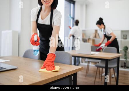 Zugeschnittene Handsicht mit Lappen und Sprühnebel einer kaukasischen jungen Frau. Stockfoto