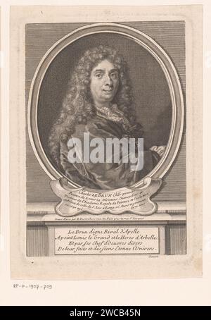 Portret van Charles Le Brun, Etienne Desrochers, ca. 1726 Druck Paris Papierstich / Gravur historischer Personen. Porträt, Selbstporträt des Künstlers Stockfoto