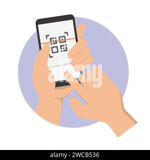 Bargeldlose Bezahlung für Online-Shopping. Hand mit Smartphone scannt QR-Code. Vektorabbildung Stock Vektor