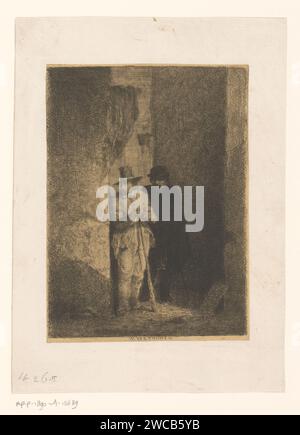 Zwei Männer in einer Gasse schauen um die Ecke eines Gebäudes, Guillaume Joseph Vertommen, 1825 - 1863 Druckpapier. Ätzbahn, Gasse. Erwachsener Mann (+ zwei Personen). Gehstock, Personal Stockfoto