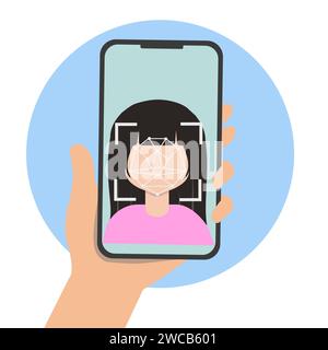 Mann oder Frau mit biometrischem Identifikationsscan Gesichtserkennung mit Mobiltelefon. Cyber Security KYC-Konzept Stock Vektor