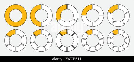 Hohlkreis unterteilt in 1-10 Teile Symbolsatz in Gelb und weiß mit Umrandung. Diagramm mit Hohlkreissegmenten in 1-10 Teilen Diagramm Symbol. Stock Vektor