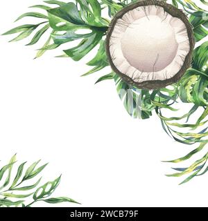 Kokosnüsse ganz, Hälften und Stücke mit hellen, grünen, tropischen Palmenblättern. Handgezeichnete Aquarellillustration. Vorlagenrahmen isoliert vom Stockfoto