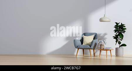 Wohnzimmer mit blauem Stoffsessel an leerer weißer Wand Hintergrund.3d-Rendering Stockfoto