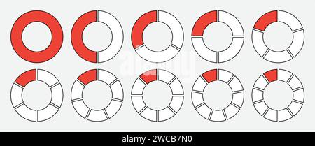 Hohlkreis unterteilt in 1-10 Teile Symbol in rot-weiß mit Umriss. Diagramm mit Hohlkreissegmenten in 1-10 Teilen, Kreis-Symbol-Set. Stock Vektor