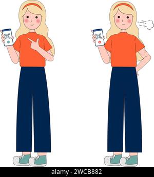 Frau mit QR-Code-Konzeptset. Frau mit Smartphone liest Barcode und Zahlungsproblem schlägt fehl oder lehnt es auf dem Bildschirm ab. Moderne Technologien. Cartoon Flat Stock Vektor