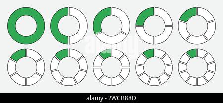 Hohlkreis unterteilt in 1-10 Teile, Symbol in grün und weiß mit Umriss. Diagramm mit Hohlkreissegmenten in 1-10 Teilen, Diagramm-Symbolsatz. Stock Vektor