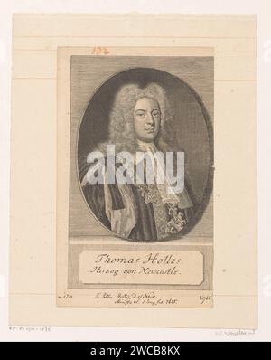 Porträt von Thomas Pelham-Holles, 1. Herzog von Newcastle, Martin Berbigeroth, 1729 Druck Leipziger Papierstich historischer Personen Stockfoto