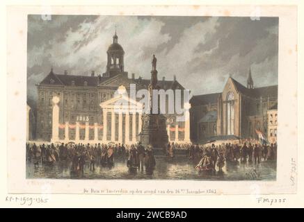 Dam in Amsterdam, am Abend des 16. November 1863, Willem Hekking Jr., 1863 - 1865 Print Ansicht auf Dam Dam Dam in Amsterdam am 16. November 1863 mit der Beleuchtung des Palastes auf dem Dam-Platz anlässlich der 50 Jahre Unabhängigkeit 1813-1863, Niederlande Papierfestlichkeiten zu Veranstaltungen von nationaler Bedeutung (+ Beleuchtung, Feuerwerk  festliche Aktivitäten) Königlicher Palast Amsterdam. Amsterdam Stockfoto