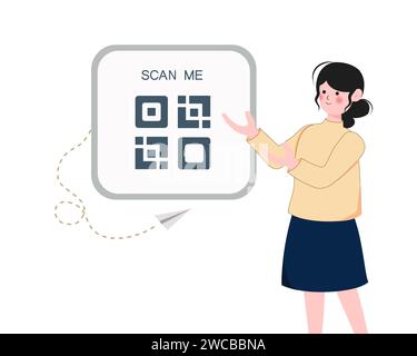 Vektorillustration, QR Code Scanning Konzept, bargeldlose Zahlung. Frau zeigt QR-Code für Online-Zahlungskonzept an. Vektorabbildung. Stock Vektor