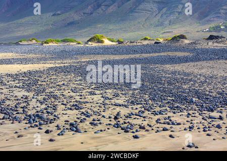 Vulkanische Landschaft mit Kieselsteinen auf der Insel Lanzarote, Kanarischen Inseln, Spanien Stockfoto