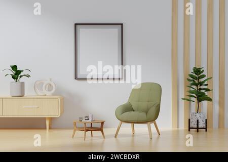 Leerer vertikaler Posterrahmen im Wohnzimmerinnenraum, moderner Hintergrund im Wohnzimmerinnenbereich, grünes Sofa. 3D-Darstellung Stockfoto