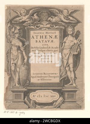 Minerva und Apollo gekrönten Willem Isaacsz. Van Swanenburg, 1625 Print der Titel wird flankiert von Minerva, als Patronin von Wissenschaft und Kunst, mit Speer, Schild mit Buch und Eule, und von Apollo, Muster der Künste, mit Winschen, Pfeilhülse und Bogen. Putti Kronen Minerva und Apollo mit Lorbeerkränzen. In der Mitte der Waffe von Leiden. Leiden Papier graviert Minerva als Patronin. Spezifische Aspekte, allegorische Aspekte von Apollo; Apollo als Patron. Krönung mit Lorbeer Leiden Stockfoto