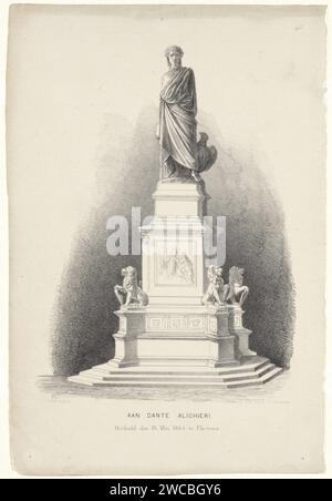 Gedenkstätte Dante Alighieri in Florenz, Maarten Bos JZ., 1862 - 1867 Druck die Skulptur Dante Alighieri steht auf einem Sockel mit vier Löwen. Die Löwen halten das Wappen. Auf dem Sockel ist eine Szene dargestellt, wahrscheinlich aus der Divina Commedia. Unter dem Bild der Text: To Dante Alighi. Enthüllt am 14. Mai 1865 in Florenz. Druckerei: Niederlandsprinter: Arnheim Papierdenkmal, Statue Florenz Stockfoto