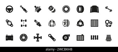 Schwarze Symbole für Fahrzeugdetails. Erläutern Sie Fahrzeugteile und -Komponenten, Fahrzeugmotor und Getriebe. Vector Auto-Ersatzteile Flat Collection. Kfz-Reparaturservice Sammelset Kfz-Teile Stock Vektor
