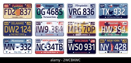 Autokennzeichen usa. Sammlung von Identifikationsnummern, Länderkennzeichen, Führerschein für Florida, Oregon, Virginia, Hawaii, Mississippi, Wisconsin. Vektorsatz. Metallschilder für Automobile Stock Vektor