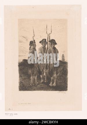 Drei Soldaten in Wache mit dem Bajonett auf dem Gewehr, Léon Marie Constant Dansaert, 1870 Druck Paris Papier mit Gravurwaffen, Polearmen (zum Schlagen, Hacken, Schieben) (mit NAMEN). Wachdienst, Wachdienst Stockfoto