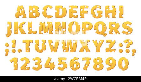 Käsetypographie. Zeichentrickbuchstaben mit köstlichen Snacks, abstrakte Charaktere von leckeren Käsesorten für die Gestaltung von Restaurantmenüs. Vektorsatz. Leckere Zahlen und isolierte abc-Schriftart Stock Vektor