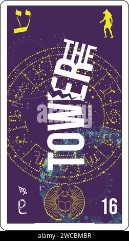 Ägyptische Tarotkarte Nummer 16, genannt der Turm. Typographisches Design auf Sternenhintergrund. Stock Vektor