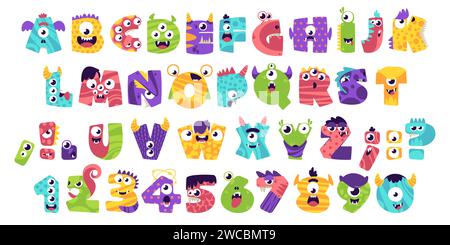 Monster Alphabet. Zeichentrick prähistorische Tiere Schriftart für Posterdesign, Kindergarten-Alphabet mit Dinosauriern und Außerirdischen. Vektor-isolierte Sammlung. Comic-Bestien in Form von Buchstaben und Zahlen Stock Vektor