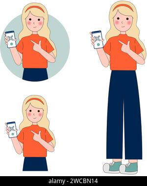 Frau mit QR-Code-Konzept. Frau mit Smartphone liest Barcode. Moderne Technologien und Innovationen. Elektronischer Geschäftsverkehr, Online-Shopping und Stock Vektor
