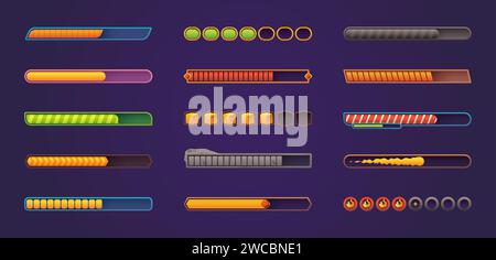 Fortschrittsbalken. UI-Spielelement für Mobilgeräte und Webanwendungen, GUI-Füllstandsanzeige für Trank und Gesundheit, leuchtende Symbole. Vektorisolierter Satz von Schaltflächen für das Schnittstellendesign Stock Vektor