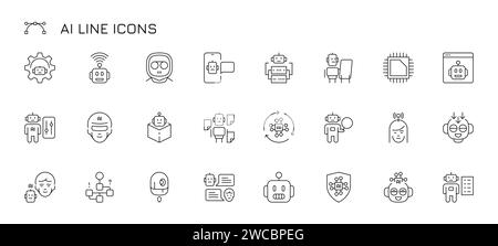 AI-Zeilensymbol. Roboter für künstliche Intelligenz, Sprach- und Text-Chatbot, Computervision und Spracherkennung, neuronales Netzwerk und maschinelles Lernen. Vektor-isolierter Satz. Roboter mit Chip im Kopf Stock Vektor