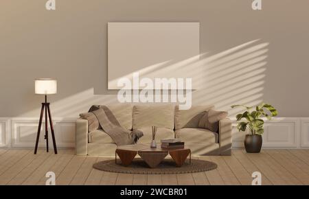 Leerer horizontaler Posterrahmen im skandinavischen Stil Wohnzimmerinnenraum, moderner Wohnzimmerinnenhintergrund.3D-Rendering Stockfoto