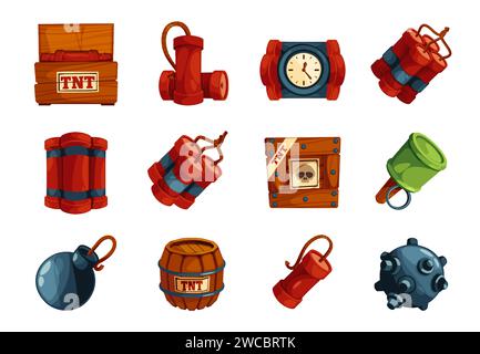 Zeichentrickspiel Dynamit. Feuerwerkskörper-Sticks und militärische Sprenggeräte, Zeitbomben- und Granatsymbole. Vektor-isolierter Satz von Feier Bang gui gefährliche Illustration Stock Vektor